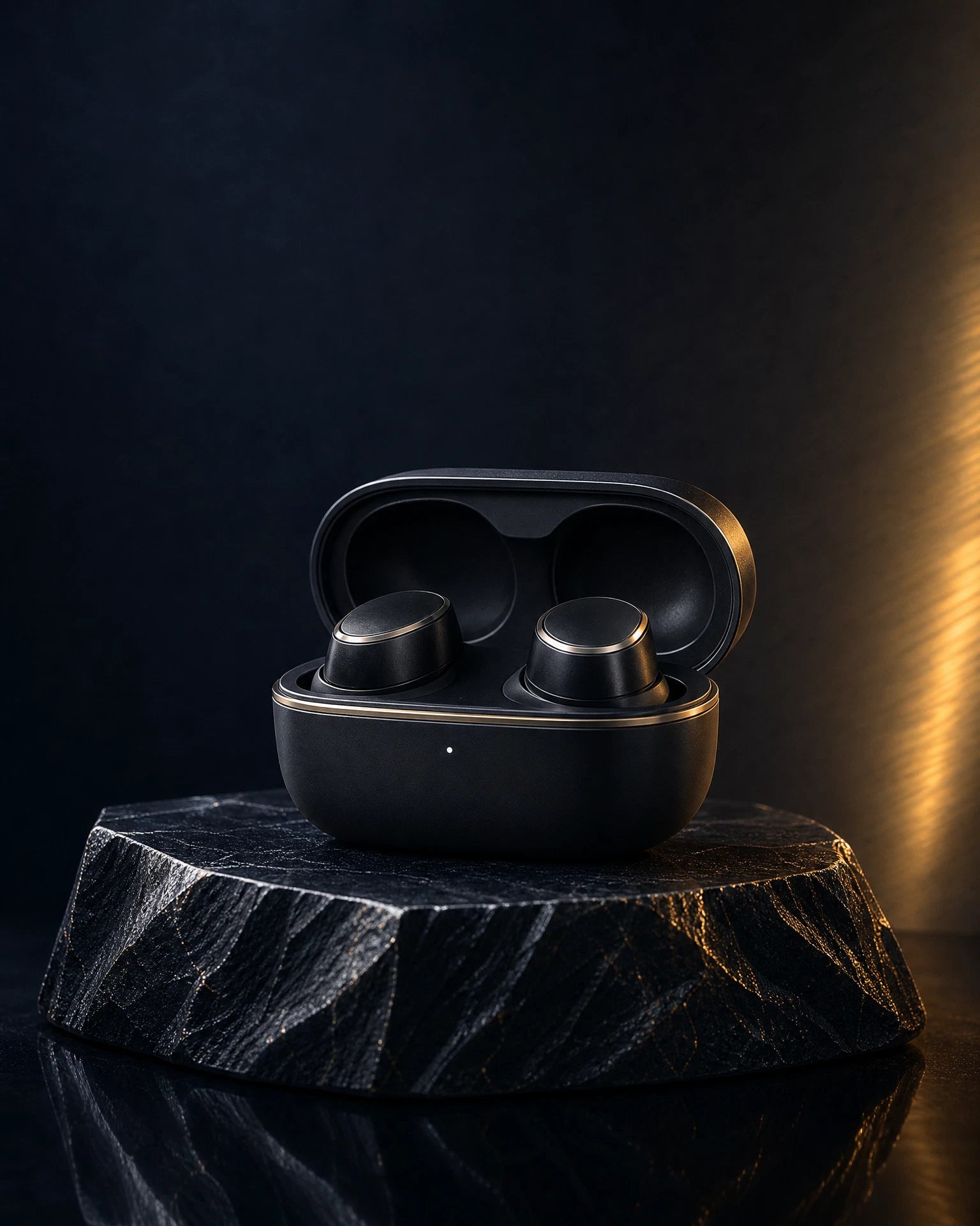 Wireless earbuds in a dark luxury product setting