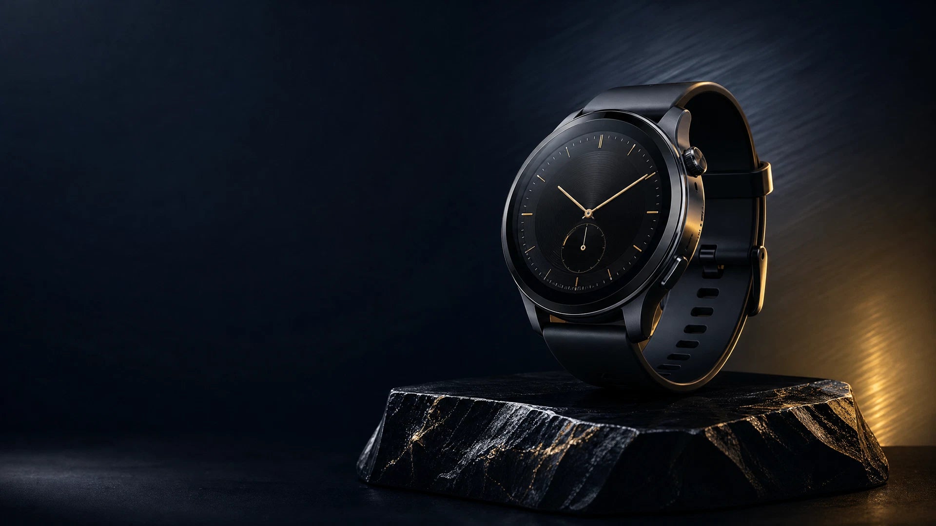 Premium smartwatch staged in a dark navy and gold showroom